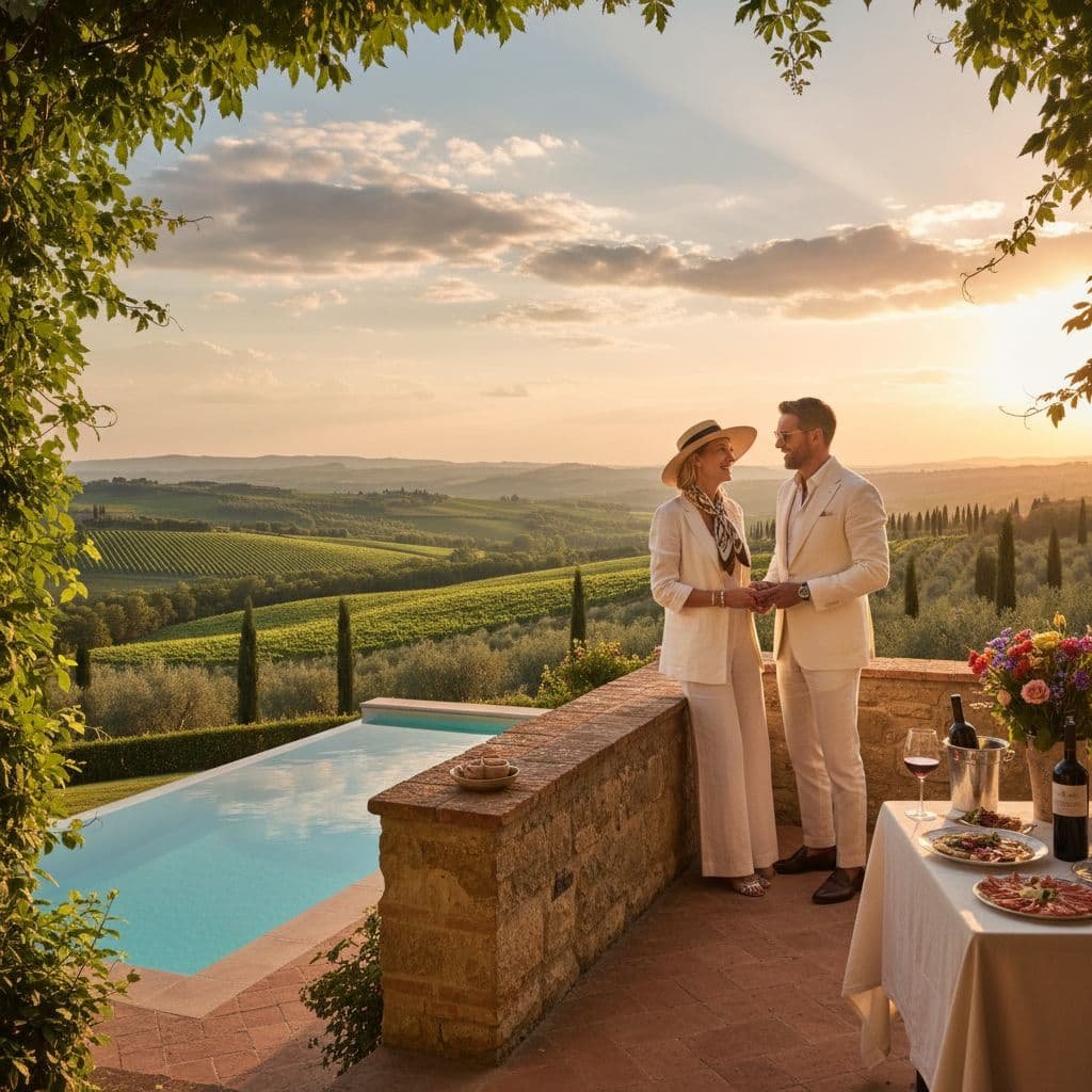 Elegant couple enjoying a romantic sunset at a Tuscan villa terrace overlooking rolling vineyards, with a pool, wine, and dinner table set for two.