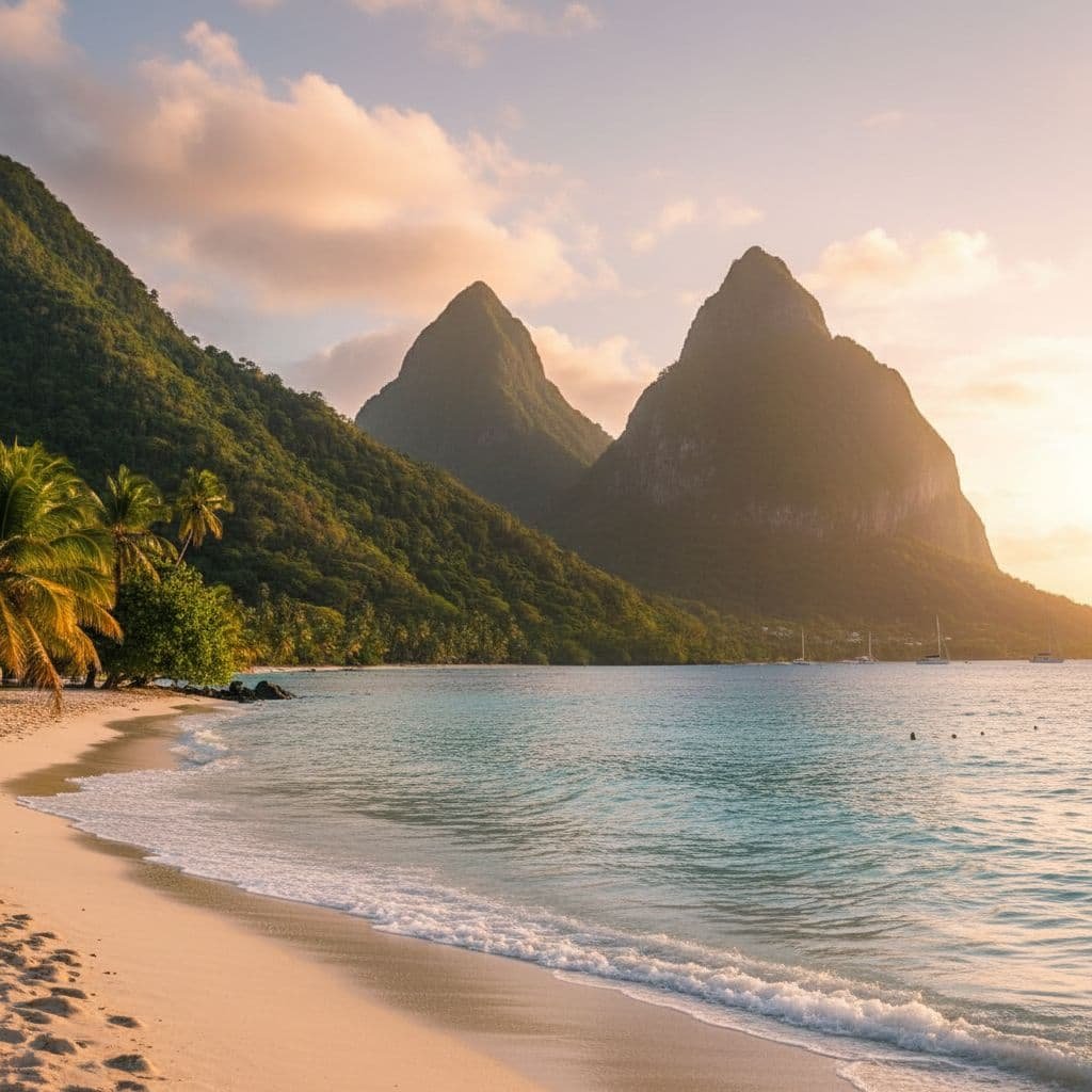 Sunset view of the Pitons in Saint Lucia with golden light illuminating the twin volcanic peaks, a tranquil beach with palm trees, and gentle waves washing onto the shore.