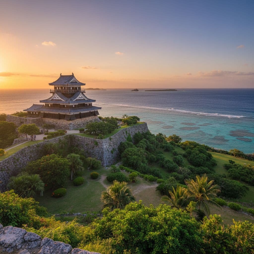 Traditional Japanese-style castle overlooking turquoise ocean waters at sunset, surrounded by lush green gardens and stone walls on a coastal hilltop.