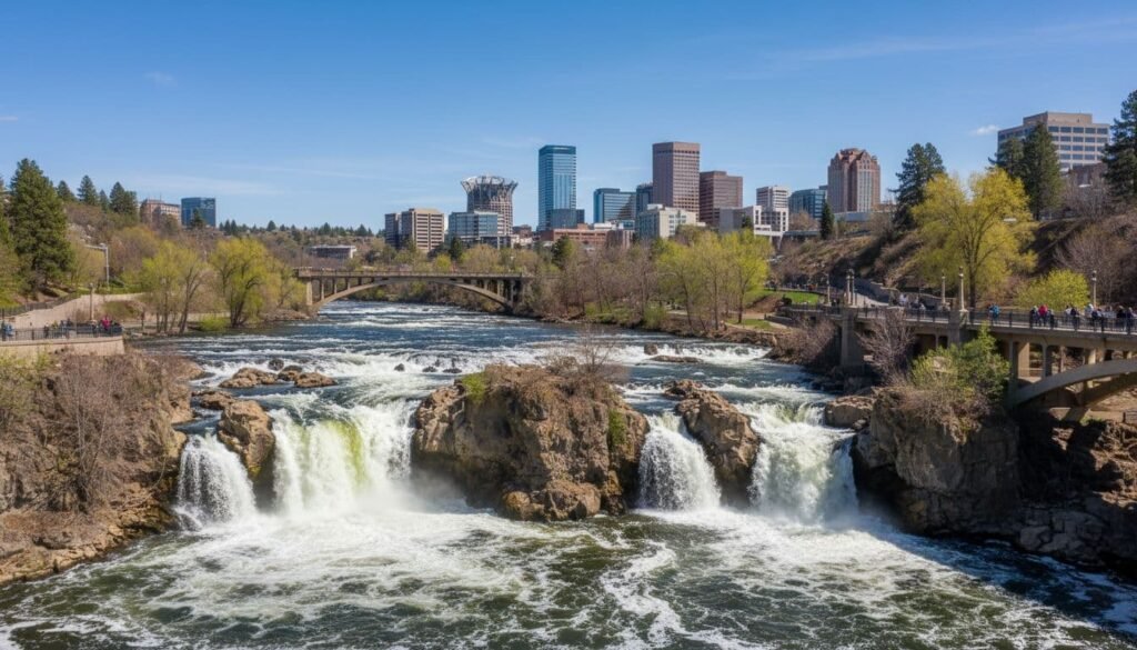 Scenic view of Spokane Falls in downtown Spokane, Washington, with cascading waterfalls, a bridge, and modern city buildings in the background on a clear spring day.