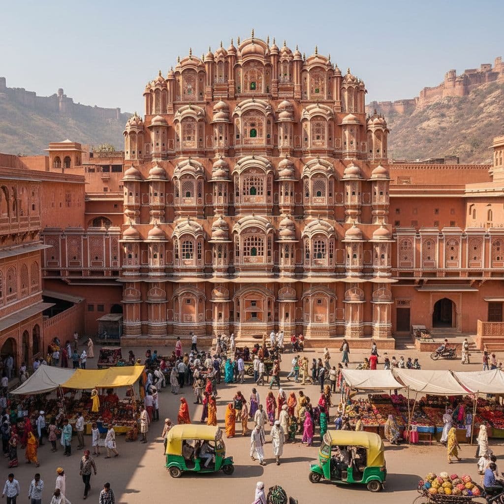 Bustling street scene in front of the Hawa Mahal in Jaipur, India, with colorful crowds, market stalls, and green and yellow tuk-tuks passing by the ornate pink sandstone palace.