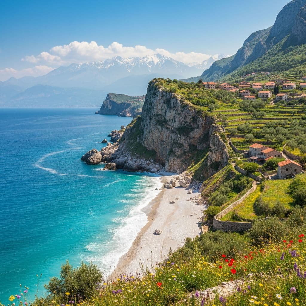 Scenic coastline along the Albanian Riviera with turquoise Ionian Sea waters, a secluded pebble beach, dramatic cliffs, terraced green hills, and stone houses with red roofs under a bright blue sky.