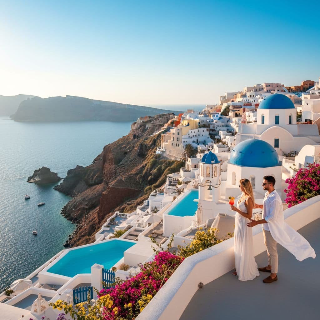 Couple enjoying a romantic sunset view in Santorini, Greece, overlooking whitewashed buildings with blue domes, infinity pools, and the Aegean Sea.