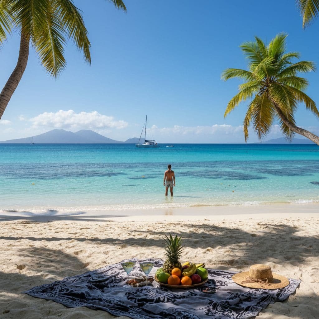 Tropical Caribbean beach with turquoise water, palm trees, and a sailboat offshore, featuring a beach picnic with fresh fruit and cocktails in the foreground and a person standing in the ocean.