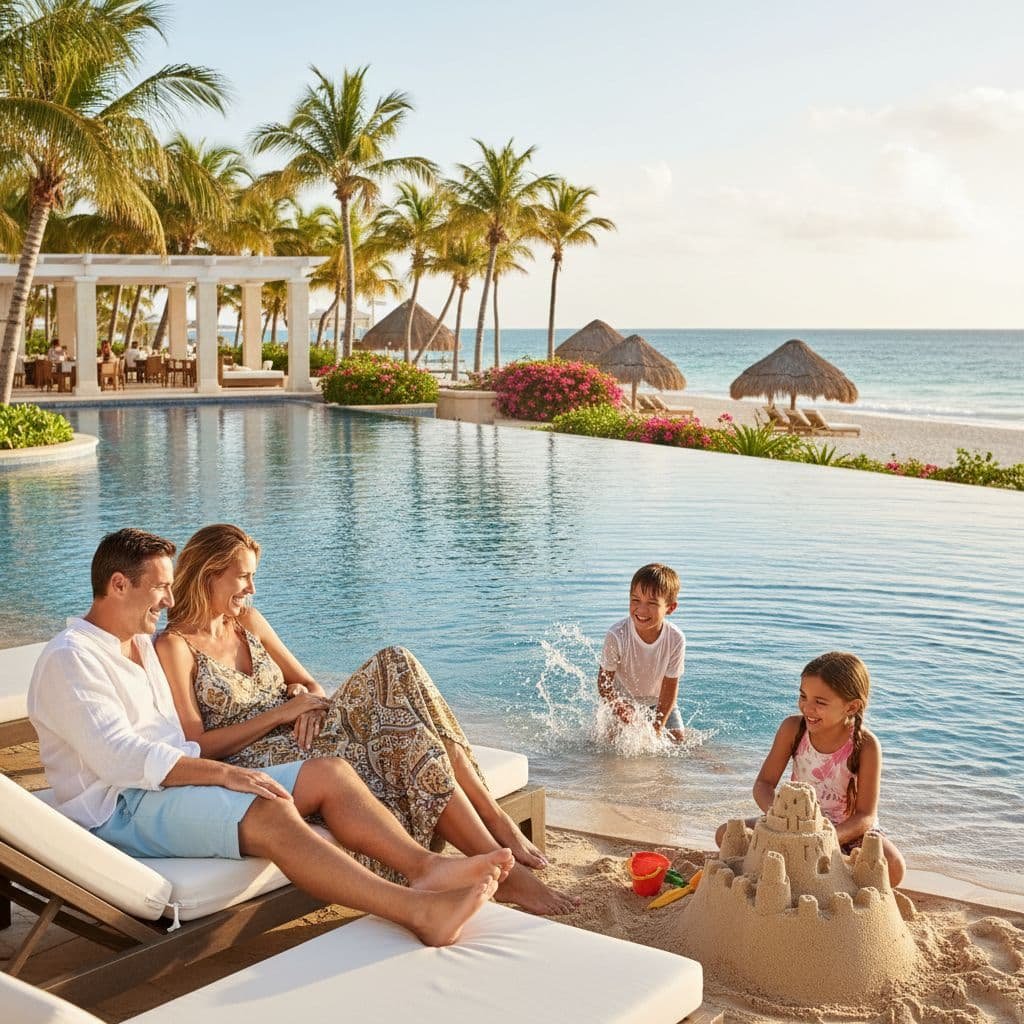 Happy family enjoying a luxury beachfront resort with an infinity pool, palm trees, and ocean views, while children play in the sand and build a sandcastle during a tropical vacation