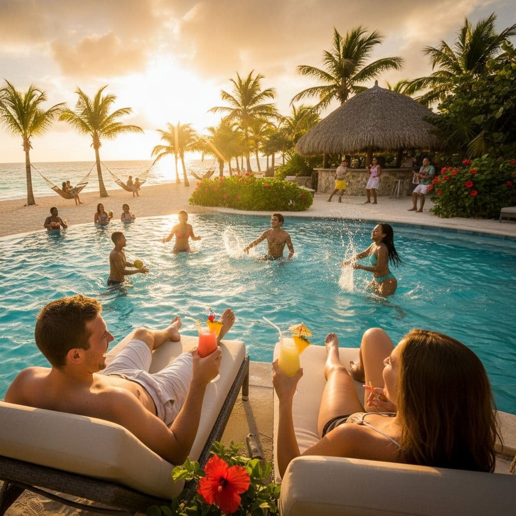 Guests relaxing and socializing in a luxury beach resort pool in Negril, Jamaica at sunset, with palm trees, tropical drinks, and ocean views.