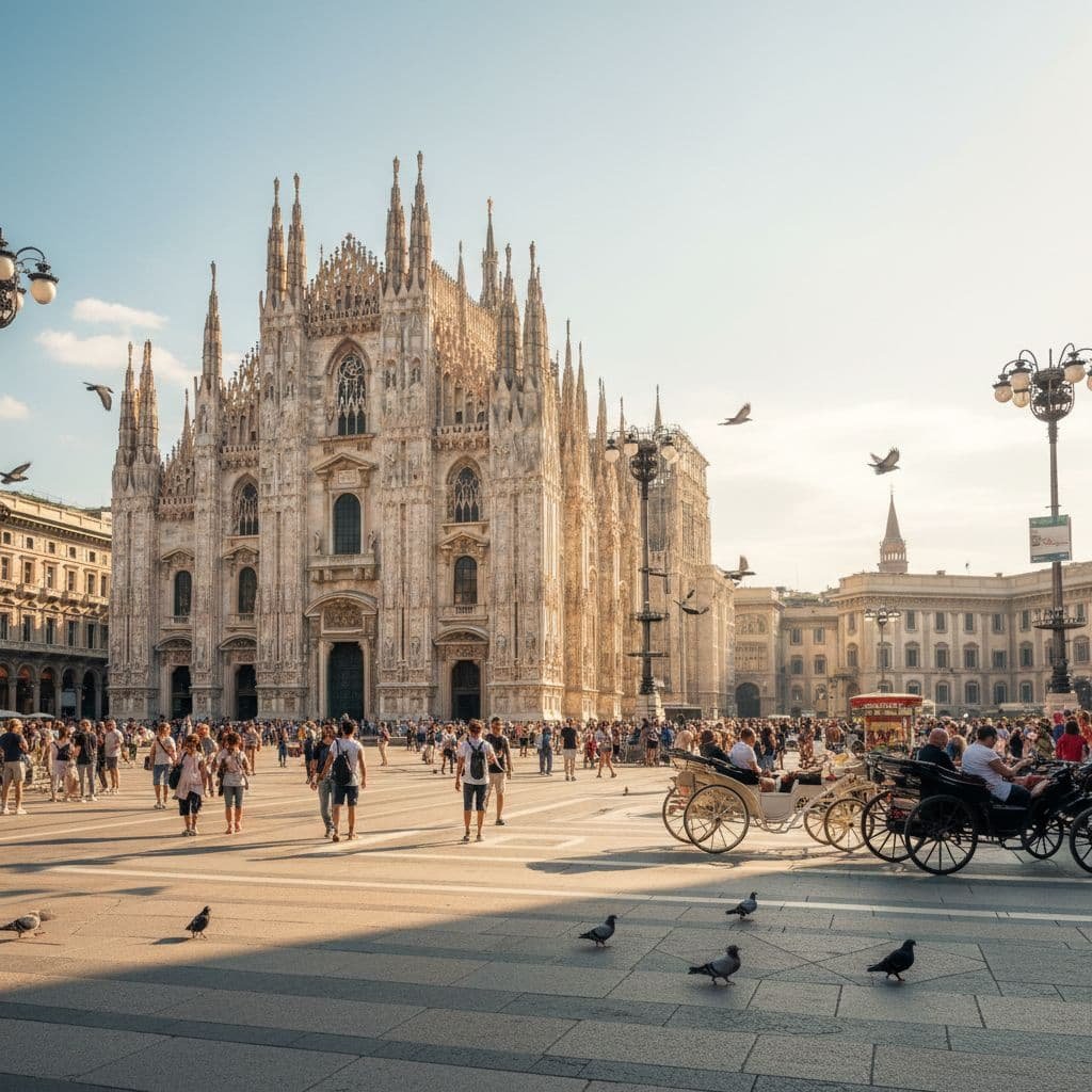 Milan Cathedral (Duomo di Milano) in Piazza del Duomo on a sunny day, with crowds of tourists, pigeons, and horse-drawn carriages