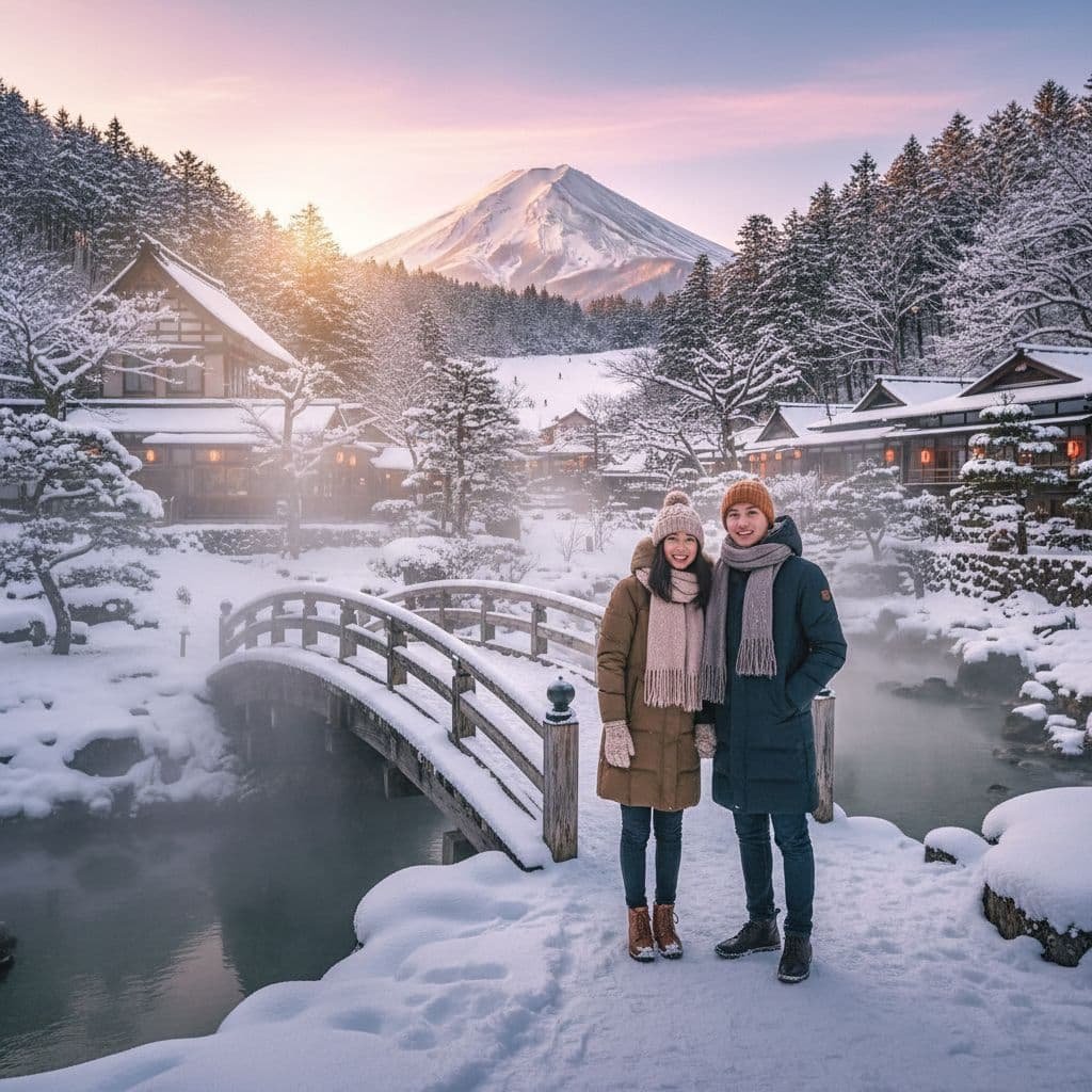 Couple standing on a snow-covered bridge in a winter village near Mount Fuji, Japan, with traditional wooden houses, pine trees, and a peaceful river at sunrise.