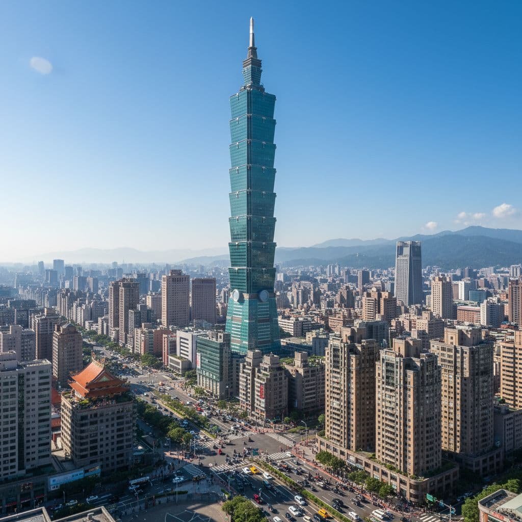 Taipei 101 towering over the modern skyline of Taipei City on a clear sunny day, with surrounding buildings and distant mountains