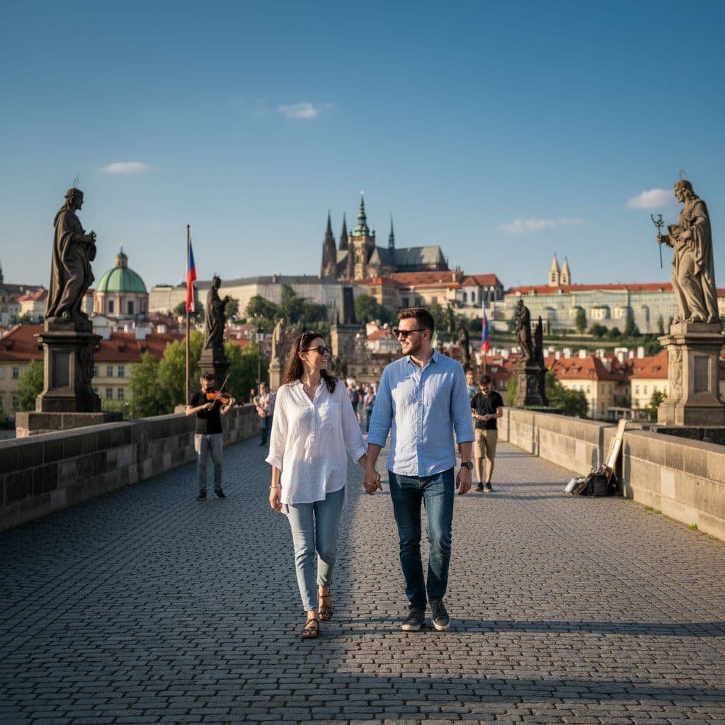 Couple holding hands while walking across Charles Bridge in Prague, with historic statues and Prague Castle in the background on a sunny day.