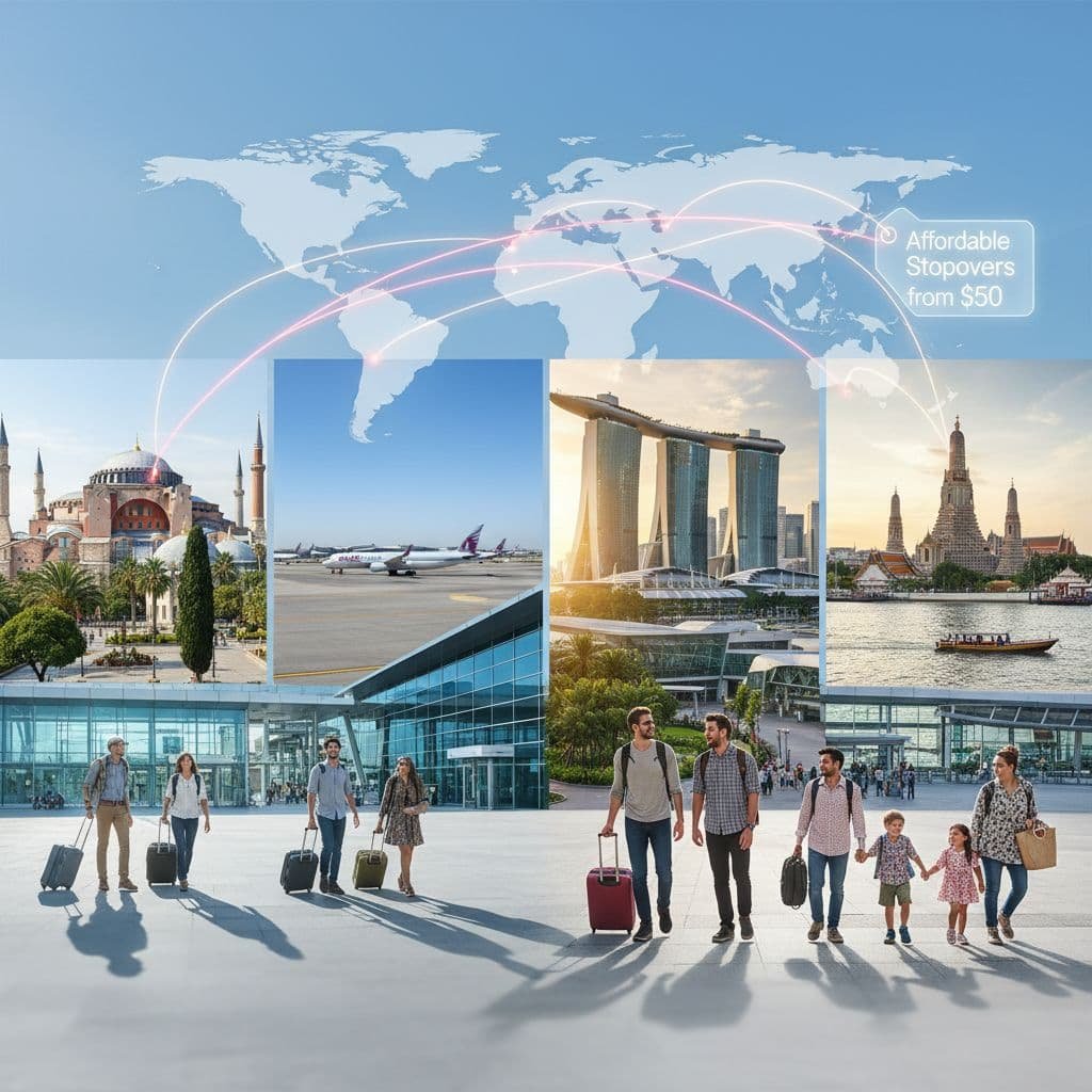 World map graphic showing international flight routes with highlighted stopover destinations—İstanbul, Doha, Singapore, and Bangkok—alongside travelers walking through a modern airport terminal, promoting affordable stopovers starting at $50
