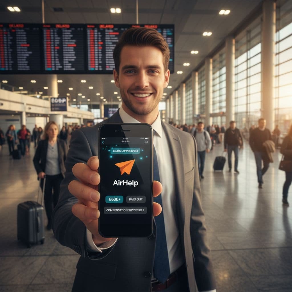 Business traveler standing inside a busy airport terminal, smiling while holding up a smartphone displaying an AirHelp app screen showing a flight compensation claim approved and €600+ paid out