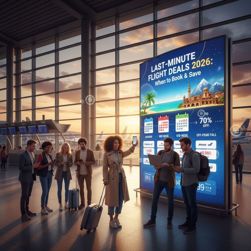 Group of travelers standing in a modern airport terminal at sunset, checking phones and laptops beside a large digital sign reading ‘Last-Minute Flight Deals 2026,’ showing calendars, destinations, and discounts up to 70% off