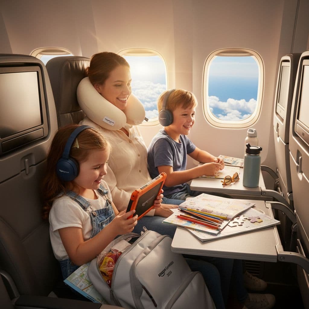 Mother and two children sitting together on an airplane, smiling while wearing headphones; the mom has a travel neck pillow, and the kids use a tablet and activity books on their tray tables during the flight.