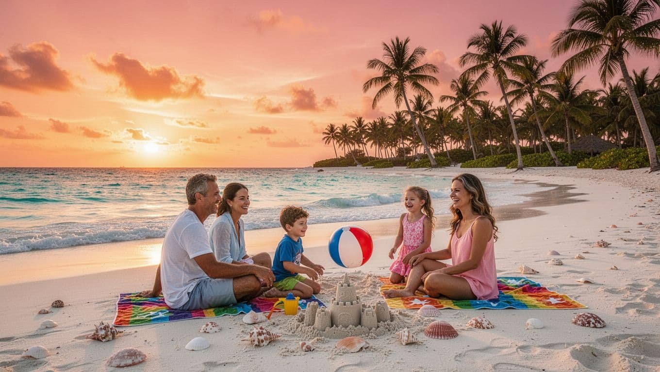 A joyful family of four relaxes on a pristine Cancun beach during golden hour sunset