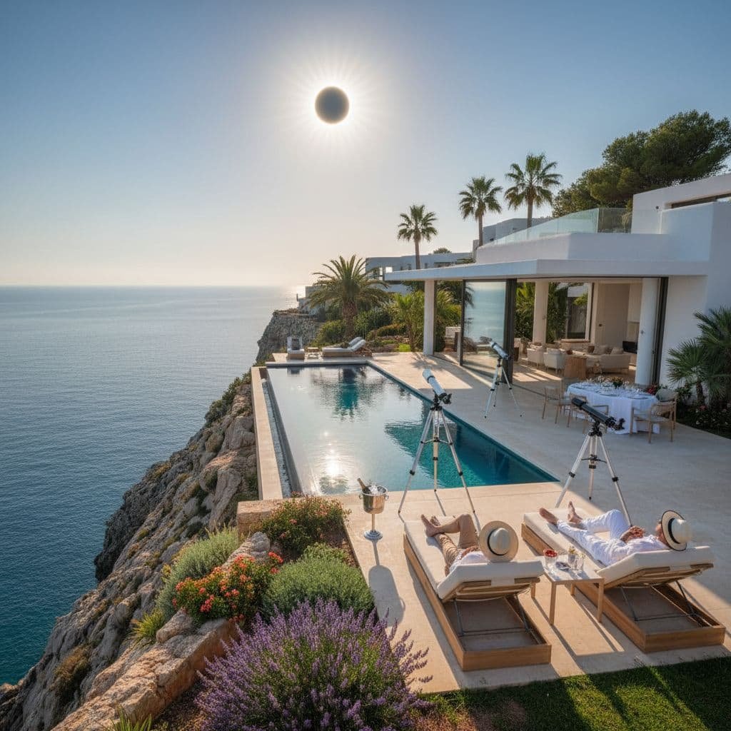 Luxury cliffside villa in Mallorca overlooking the Mediterranean Sea, with an infinity pool, sun loungers, telescopes set up for viewing a solar eclipse, and a modern white villa surrounded by palm trees and coastal greenery.