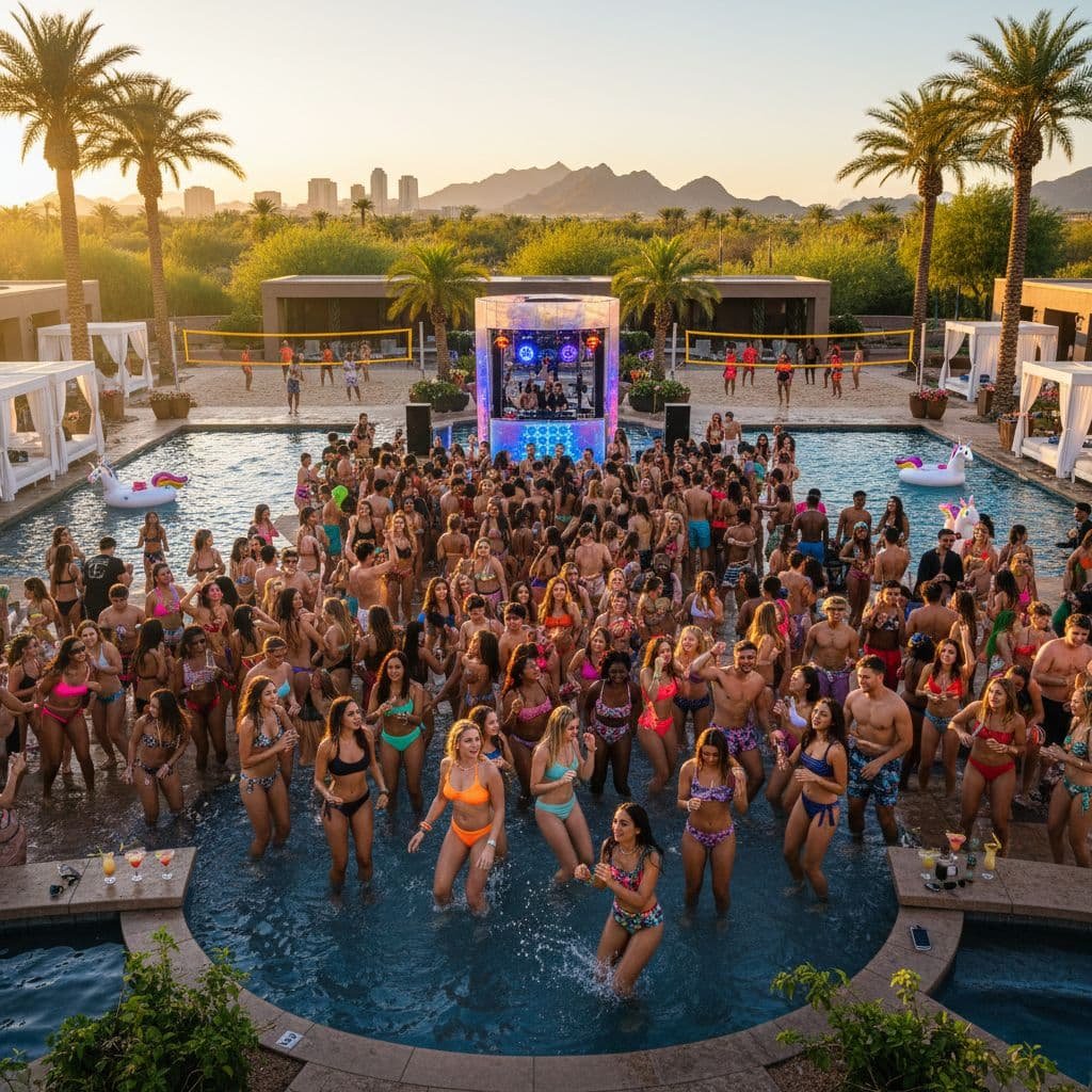 Large crowd of young adults in swimwear dancing and socializing at a high-energy pool party in Scottsdale, with a DJ booth, palm trees, and desert mountains at sunset.
