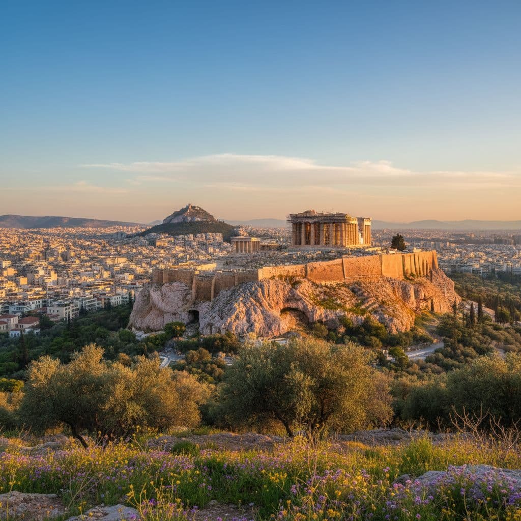 The Acropolis of Athens bathed in golden sunset light, featuring the iconic Parthenon temple atop the ancient rocky citadel. Mount Lycabettus rises in the background above the sprawling cityscape of Athens. Olive trees and purple wildflowers frame the foreground, with warm evening sunlight illuminating the historic monument and surrounding landscape
