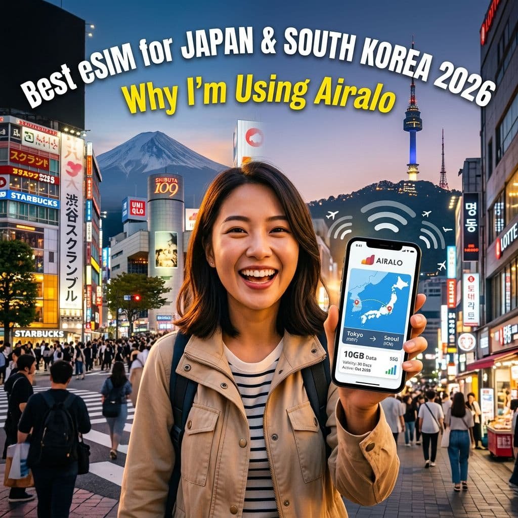 Promotional image for Airalo eSIM showing a smiling young woman holding a smartphone displaying the Airalo app with a Japan and South Korea map and 10GB data plan. Background features a composite of iconic landmarks including Mount Fuji, Tokyo's Shibuya crossing with neon signs, and Seoul's N Seoul Tower lit in blue. Text overlay reads 'Best eSIM for JAPAN & SOUTH KOREA 2026 - Why I'm Using Airalo' with WiFi signal icons.