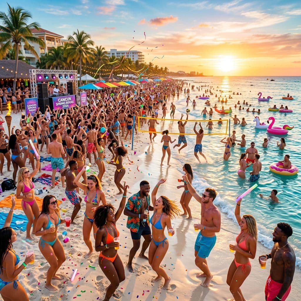 Large beach party in Cancun with hundreds of young people in swimwear celebrating on white sand beach at sunset, featuring volleyball games, colorful umbrellas, palm trees, resort buildings, people swimming with pink flamingo and donut inflatables in turquoise water, DJ stage with "Cancun Spring Break" signage, confetti in the air, and string lights creating a festive spring break atmosphere.