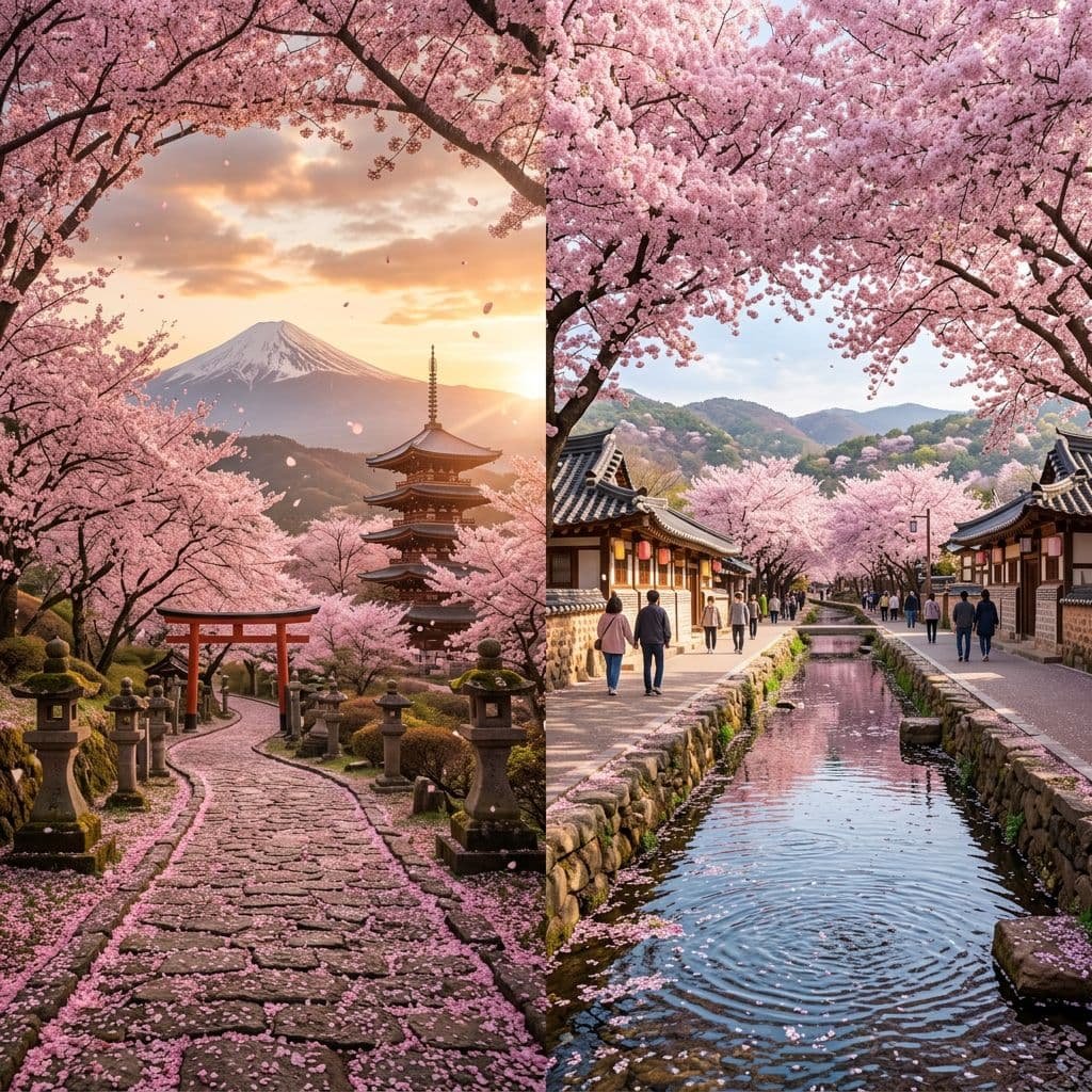 Split image showing cherry blossom scenes from Japan and South Korea. Left: Japanese landscape with pink cherry blossoms framing Mount Fuji and a five-story pagoda at sunset, with a red torii gate and stone lanterns lining a cobblestone path covered in fallen petals. Right: Korean village scene with cherry blossoms arching over a canal, traditional hanok houses with tiled roofs on both sides, and people strolling along the waterside pathway with mountains in the background