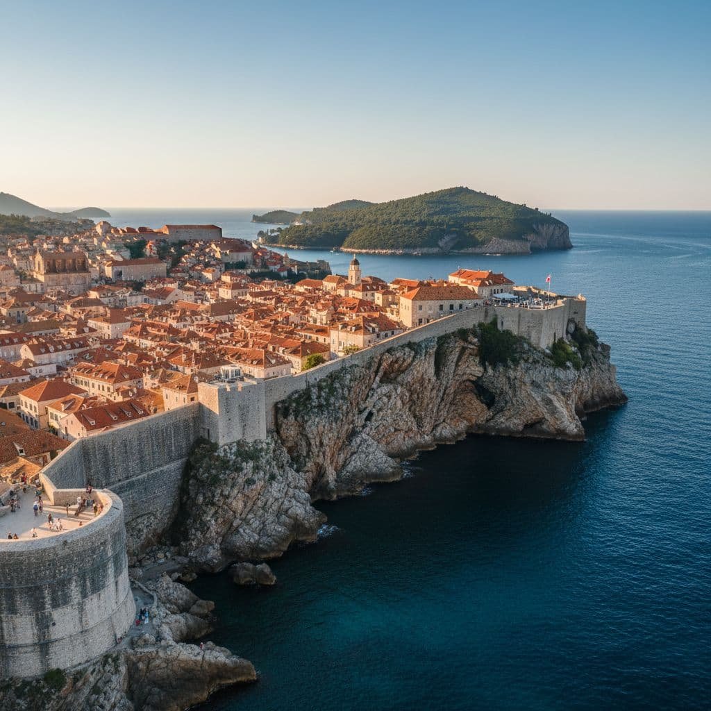 Aerial view of Dubrovnik Old Town at sunset, showing terracotta rooftops within medieval stone walls built along the rocky Adriatic coastline, with Fort Lovrijenac on a cliff and forested Lokrum Island in the background, Croatia