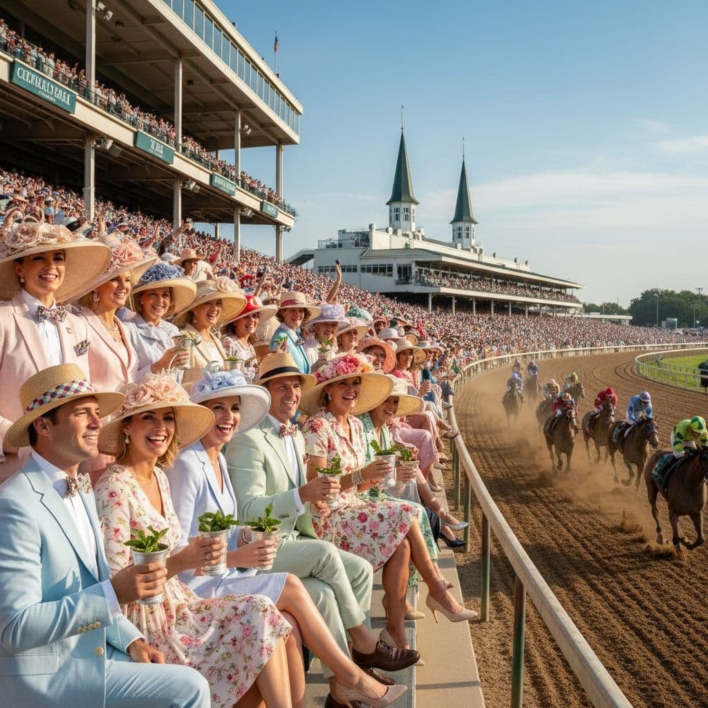 Well-dressed Kentucky Derby spectators in pastel suits and elaborate hats hold mint juleps while watching horses race on the dirt track at Churchill Downs, with the iconic twin spires visible in the background and packed grandstands