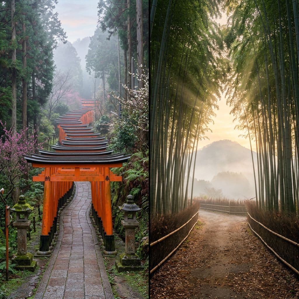 Split image of two iconic Kyoto paths. Left: Winding stone pathway lined with vibrant orange torii gates ascending through a misty cedar forest with pink spring blossoms and traditional stone lanterns. Right: Arashiyama Bamboo Grove at sunrise with towering bamboo stalks creating a natural tunnel, golden sunlight streaming through the canopy, and misty mountains visible in the distance.
