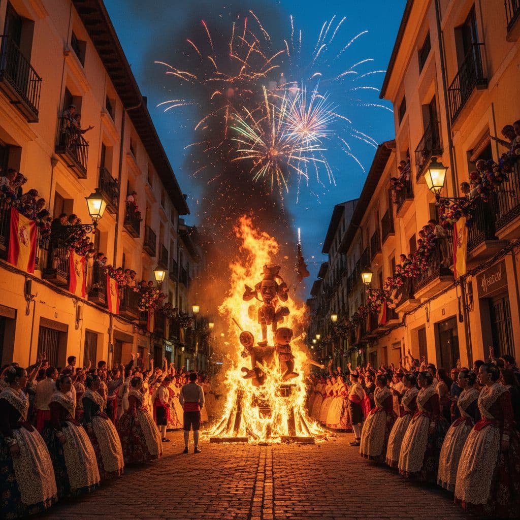 Nighttime street scene during Las Fallas festival in Valencia, Spain, showing a large bonfire with burning fallas figures in the center of a cobblestone street, colorful fireworks exploding in the dark blue sky above, crowds of people in traditional Valencian dresses lining both sides of the street, and spectators watching from balconies decorated with flowers and Spanish flags on historic buildings illuminated by warm street lamps.