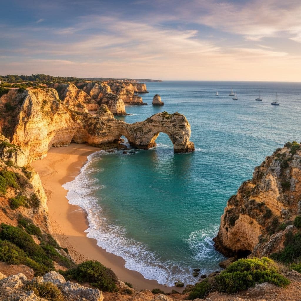 Dramatic golden limestone cliffs with natural rock arches framing a pristine turquoise bay and sandy beach along the Algarve coast in Portugal, with sailboats anchored in the calm blue water at sunset