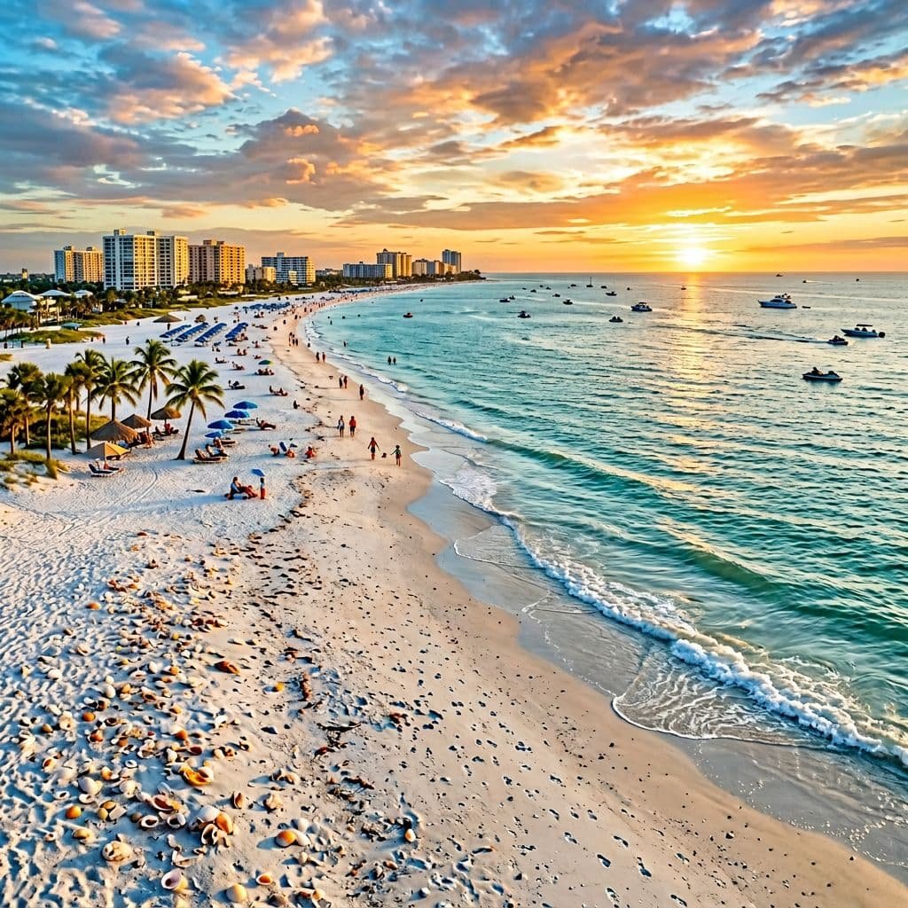 Aerial view of a pristine white sand beach at sunset with scattered seashells in the foreground, palm trees, beach umbrellas, and people along the shore, turquoise Gulf waters with boats anchored offshore, high-rise buildings in the distance, and a dramatic orange and pink sunset sky over Florida's Gulf Coast