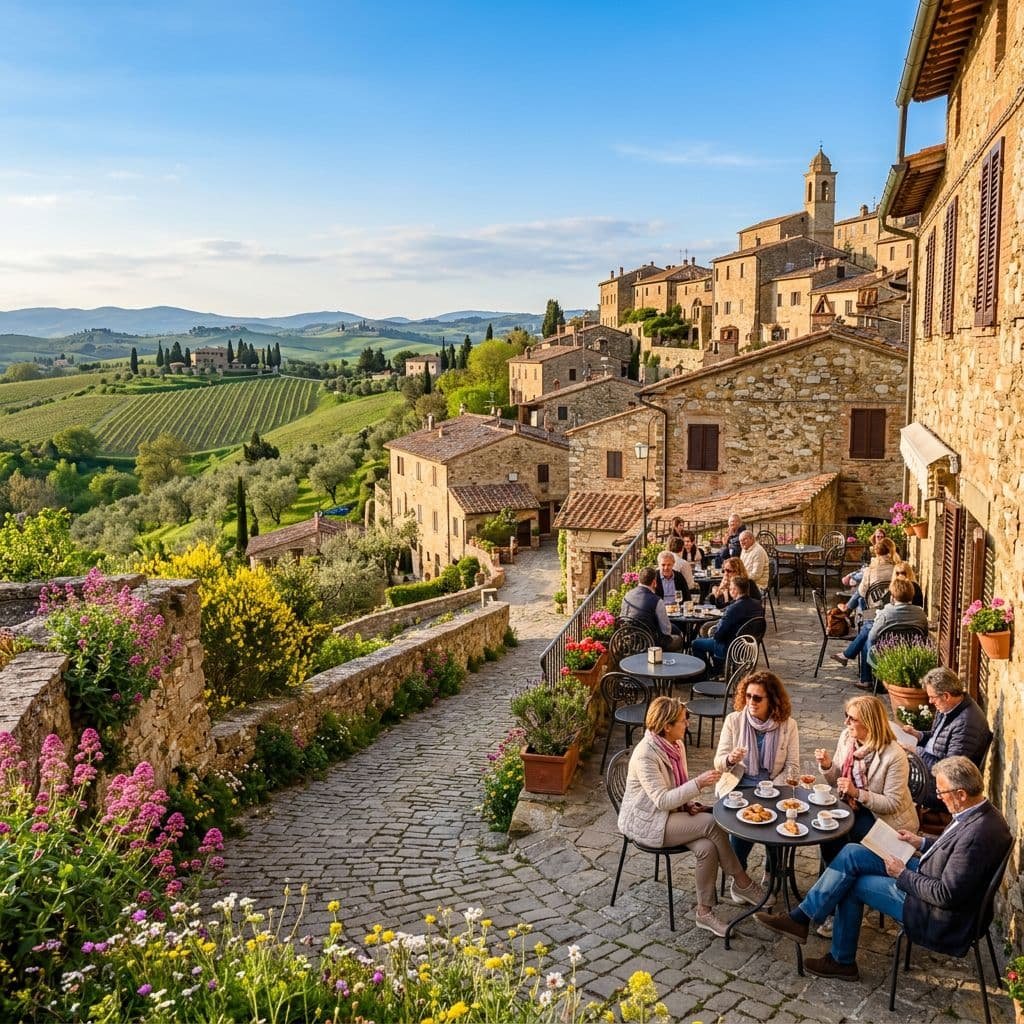 People dining at outdoor café tables on a cobblestone terrace overlooking a medieval Tuscan hilltop village with stone buildings, terracotta roofs, and a church tower, surrounded by colorful flowers with rolling vineyards and cypress trees in the background under a blue sky