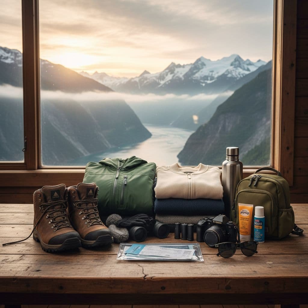Alaska cruise packing essentials arranged on a wooden table with mountain fjord view: brown hiking boots, green rain jacket, layered clothing, stainless steel water bottle, small daypack, camera with lenses, sunscreen, sunglasses, and travel documents, with snow-capped mountains and misty fjord visible through window