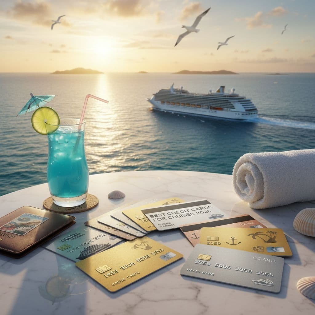Tropical sunset scene with cruise ship on ocean horizon, seagulls flying overhead, and foreground table displaying blue cocktail with lime, passport, multiple travel credit cards including ones labeled 'Best Credit Cards for Cruises 2026', rolled towel, and seashells