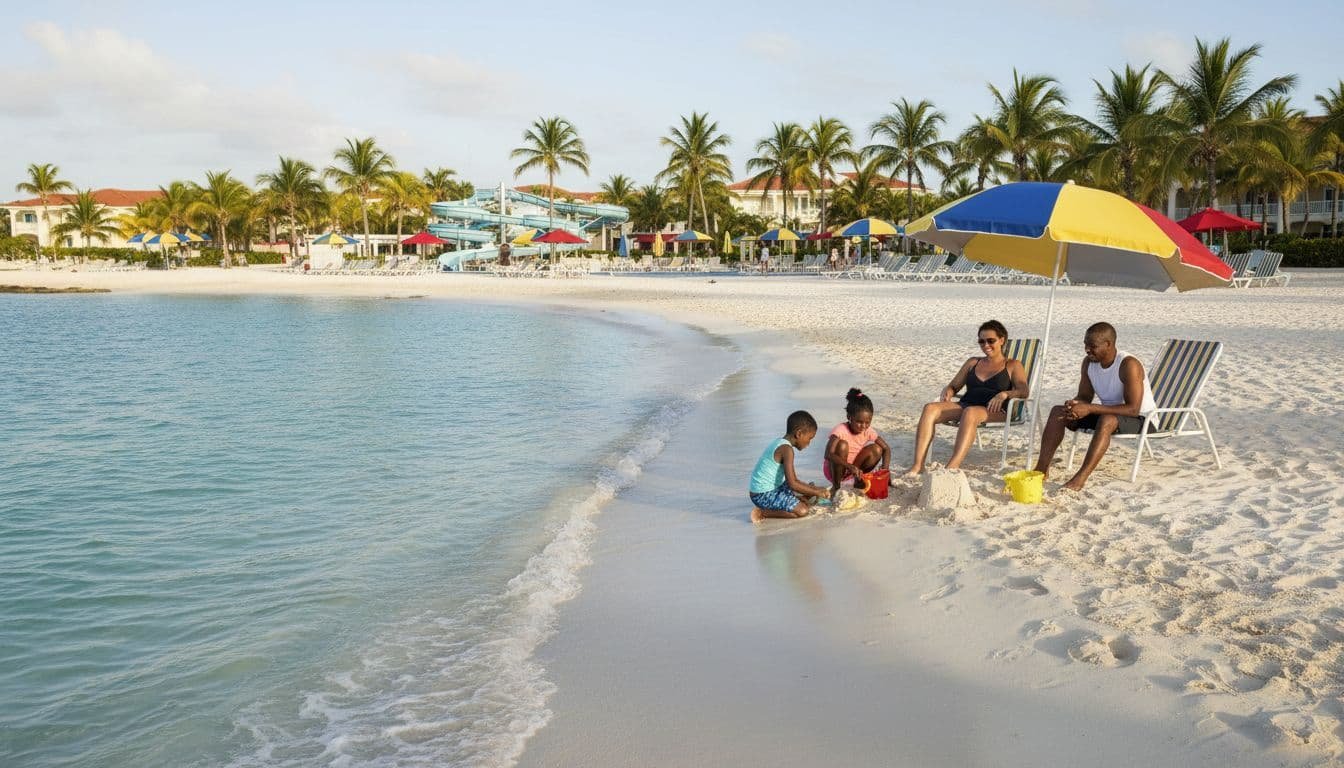 Kids build sandcastles on white sand beach near parents on chairs, turquoise water ahead, resort pool with slides and palms behind.