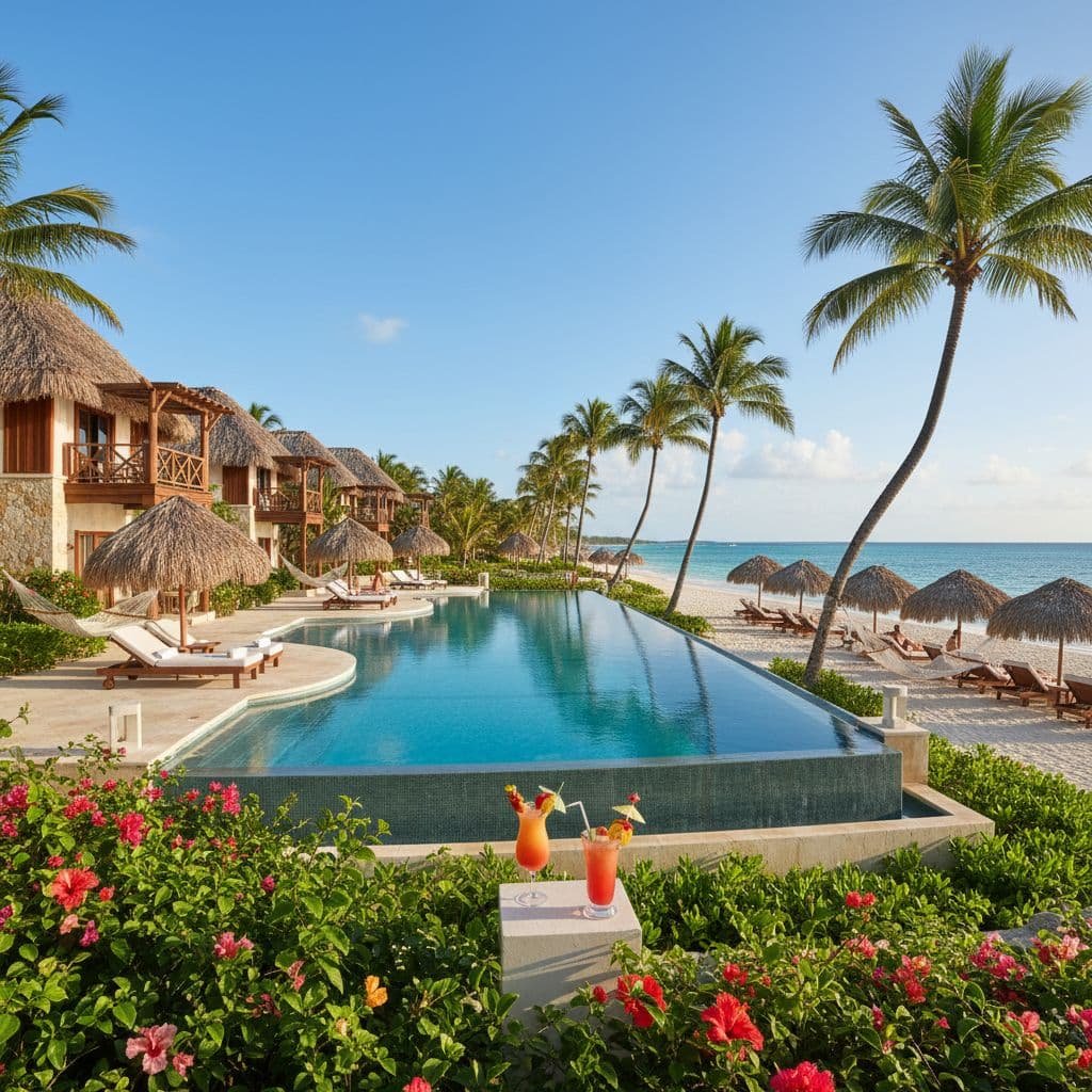 Luxurious beachfront resort featuring a long infinity pool stretching toward turquoise ocean, thatched-roof bungalows with wooden balconies on the left, white sand beach with palm trees and palapa umbrellas on the right, tropical cocktails and vibrant pink hibiscus flowers in the foreground, clear blue sky, lounge chairs and hammocks throughout the property
