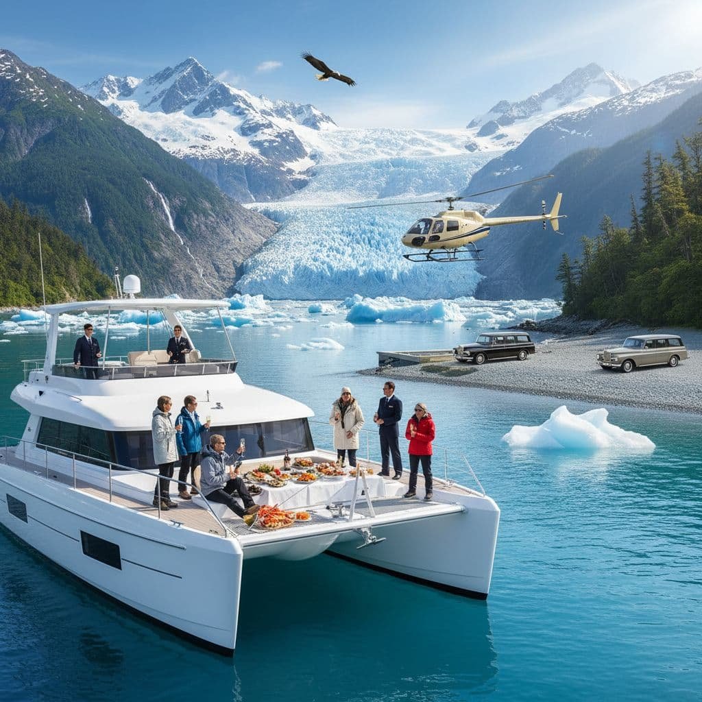Luxury Alaska shore excursion experience featuring a white catamaran yacht with guests dining on deck in turquoise glacial waters, snow-capped mountains and blue glacier in background, helicopter flying overhead, vintage luxury cars on shoreline, bald eagle soaring above, and icebergs floating in pristine Alaska wilderness setting