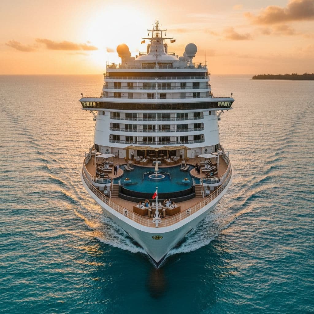 Aerial stern view of a luxury cruise ship sailing on calm turquoise waters at sunset, featuring a blue pool deck with loungers, multiple white decks with balconies, and warm golden sky with small island in the background