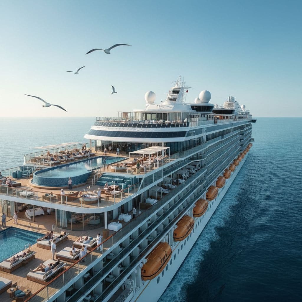 Aerial view of a modern luxury cruise ship sailing on calm blue ocean waters, featuring multiple decks with swimming pools, lounge chairs with guests relaxing, orange lifeboats along the hull, and seagulls flying overhead against a clear sky