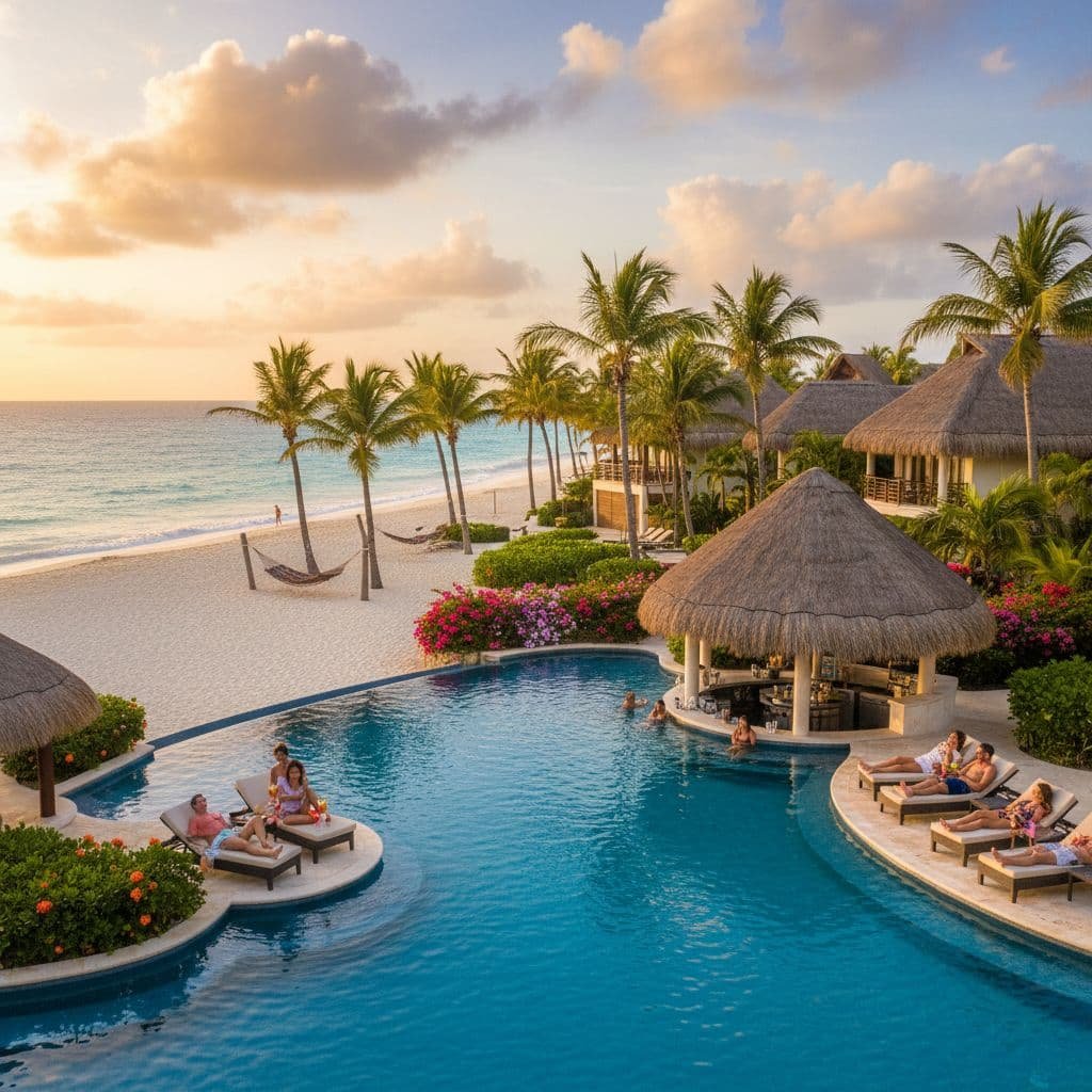 Luxurious beachfront resort at sunset featuring a winding free-form pool with turquoise water, guests lounging on poolside chairs, thatched-roof palapa bar, white sand beach with palm trees and hammocks, colorful tropical flowers, ocean views, and villa accommodations with palapa roofs in Punta Cana