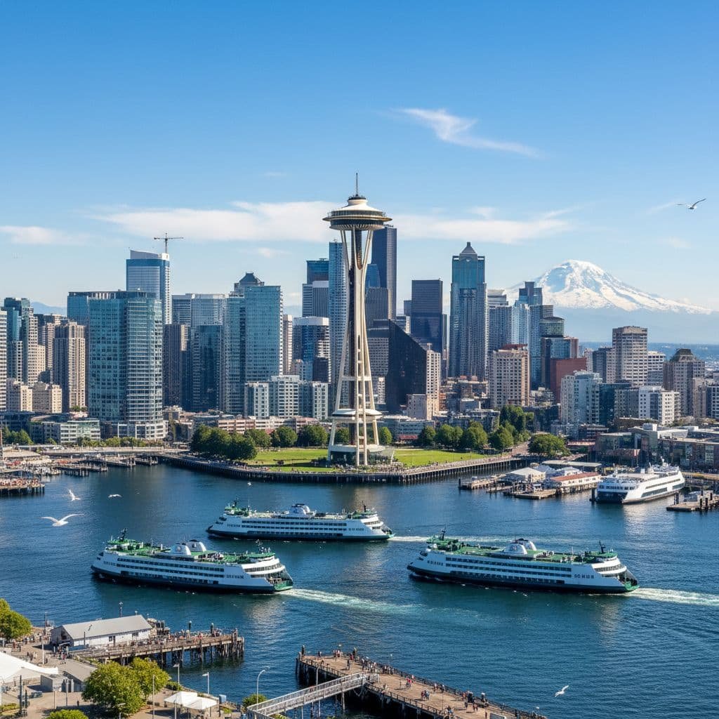 Seattle skyline featuring the Space Needle in the foreground with three Washington State Ferries on Elliott Bay, modern downtown skyscrapers, and snow-capped Mount Rainier visible in the background under a clear blue sky