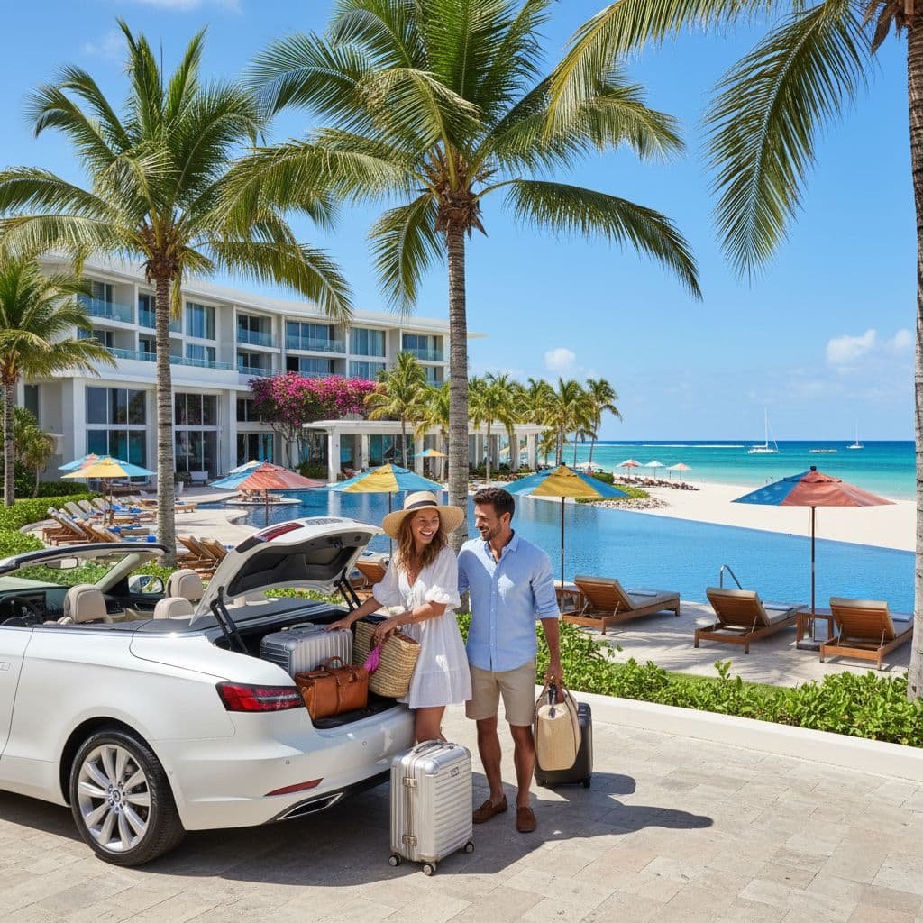 Happy couple in casual beach attire loading luggage into white convertible car trunk at luxury beachfront resort, featuring infinity pool with colorful umbrellas, palm trees, white sand beach, turquoise Caribbean ocean, and modern hotel buildings with tropical flowers under clear blue sky