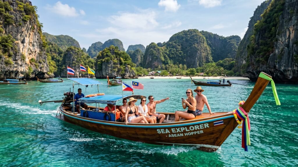 Tourists on traditional Thai long-tail boat labeled 'SEA EXPLORER - ASEAN HOPPER' cruising through turquoise waters surrounded by dramatic limestone karsts and tropical beaches in Southeast Asia, with Thai, Malaysian, and Philippine flags displayed, other boats visible in background at pristine island destination