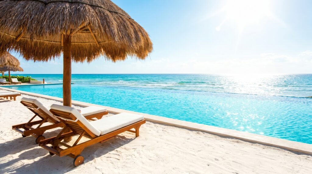 Luxury beach resort setting featuring two wooden lounge chairs with white cushions under a thatched palapa umbrella on white sand, overlooking an infinity pool that blends seamlessly with the sparkling turquoise ocean and bright sunny blue sky