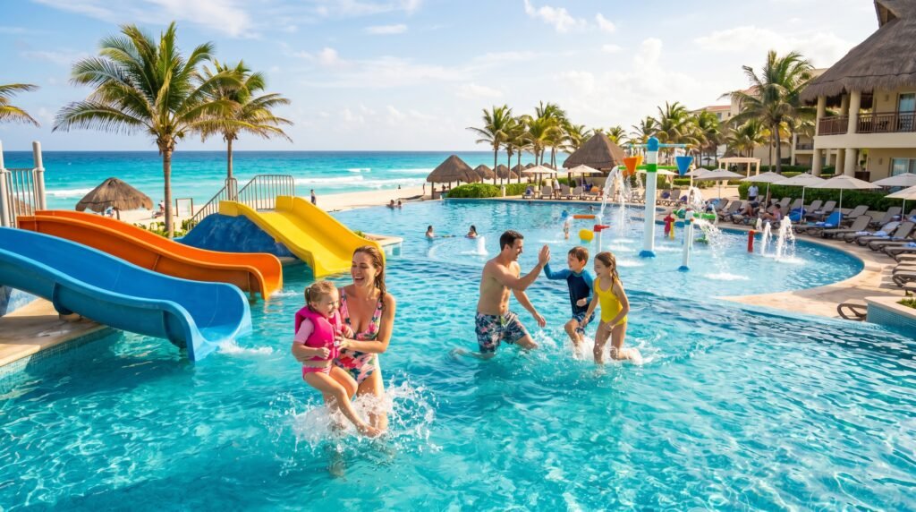Family enjoying colorful water slides and pool at all-inclusive Cancun resort with turquoise Caribbean Ocean in background, palm trees, thatched umbrellas, and beach view - kids playing in water park with blue, orange, and yellow slides