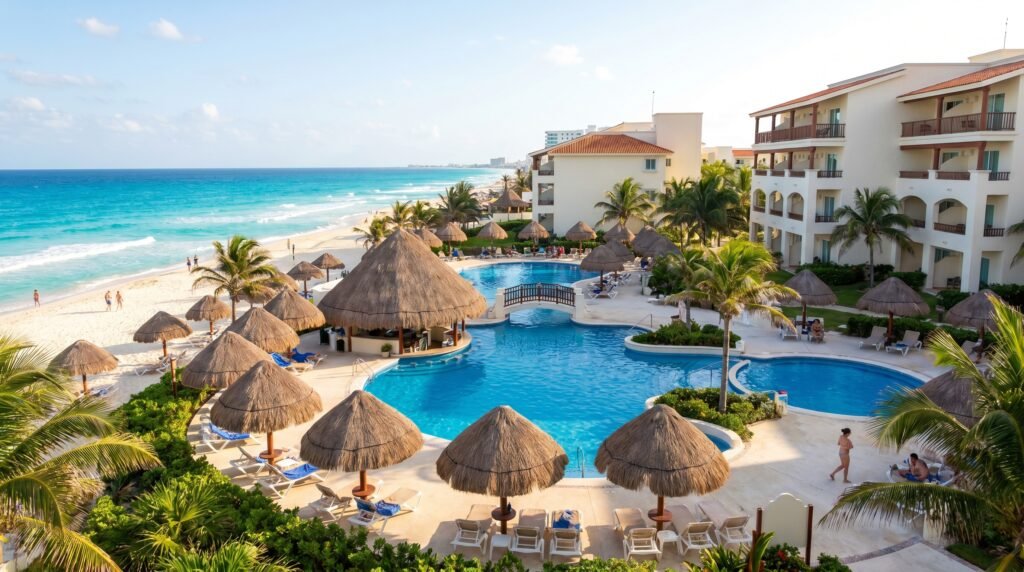 Aerial view of a Cancun beach resort featuring a large winding swimming pool with a wooden footbridge, surrounded by thatched palapas, white sand beach, turquoise Caribbean Sea, and white multi-story hotel buildings with terracotta roofs