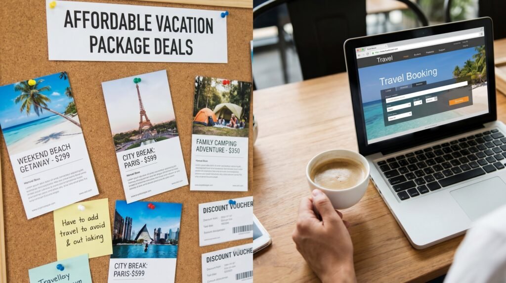 Split composition showing vacation planning: left side features cork bulletin board with affordable vacation package deal flyers including weekend beach getaway $299, Paris city break $599, family camping adventure $350, and discount vouchers; right side shows person's hand holding coffee cup next to laptop displaying tropical beach travel booking website