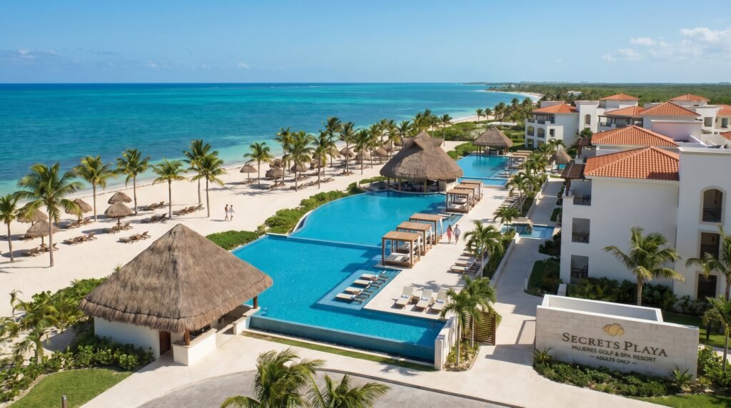 Aerial view of Secrets Playa Mujeres Golf & Spa Resort adults-only all-inclusive featuring infinity pools with turquoise water, white sand beach lined with palm trees and thatched palapas, terracotta-roofed buildings, Caribbean Ocean backdrop, and tropical landscaping in Cancun, Mexico