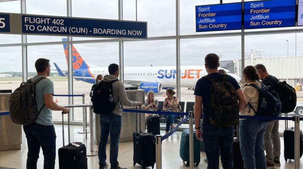 Passengers with backpacks and luggage waiting in line at airport gate 5 for Flight 402 to Cancun (CUN) boarding now, with flight information display showing budget airlines Spirit, Frontier, JetBlue, and Sun Country, and SunJet budget airline aircraft visible through terminal windows on the tarmac