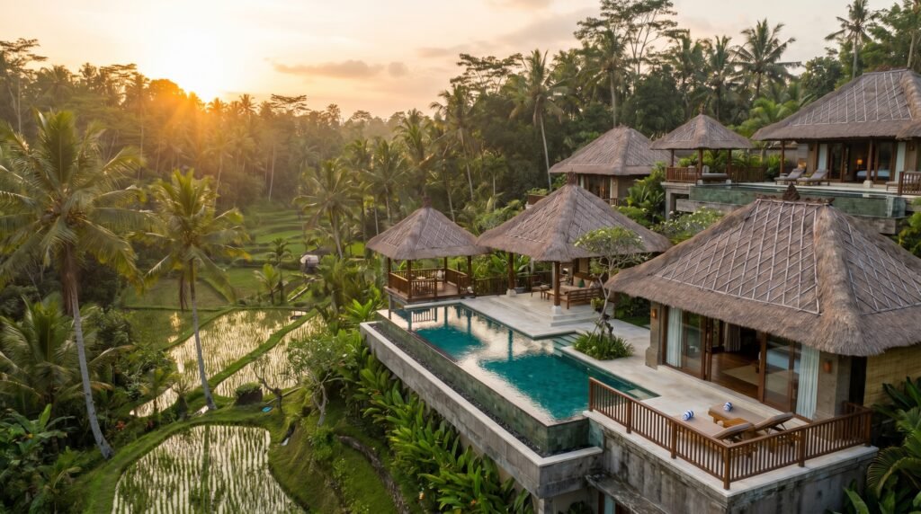 Luxury resort villas with traditional thatched roofs overlooking terraced rice paddies and tropical jungle in Ubud, Bali. Aerial view shows multi-level infinity pool cascading down hillside between private villas with wooden balconies, surrounded by palm trees and lush vegetation at golden hour sunset.